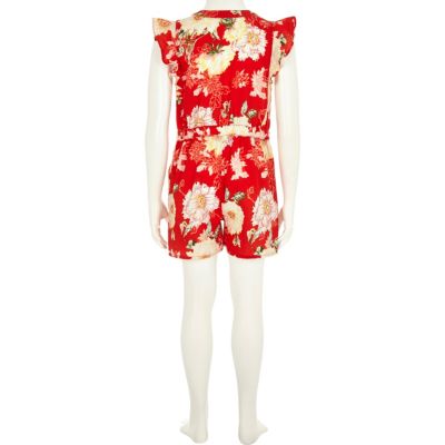 Girls red floral frilly playsuit